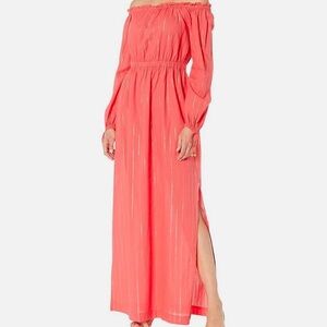 Michael Kors off the shoulder dress with gold metallic accents, sangria pink